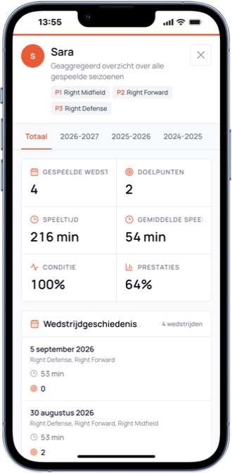 Mobiele spelerstatistieken met wedstrijdhistorie
