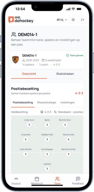 Mobiel teamoverzicht met spelers en statistieken