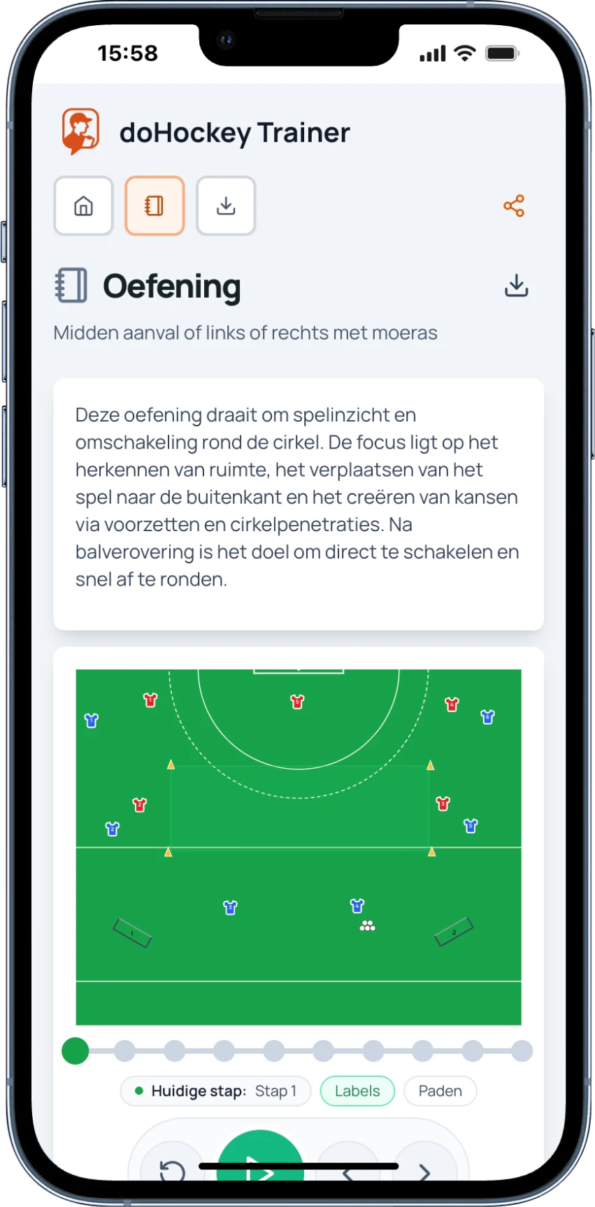 Nederlandstalige Trainer-oefening met uitleg, hockeyveld en afspeelbediening